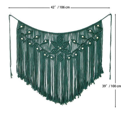 Youngeast Home Decor Leaf Shape Macrame Wall Hanging Woven Tapestry Bedroom Curtain Fringe Garland Banner Living Room Wall Decor Dark Green 39X31 inches