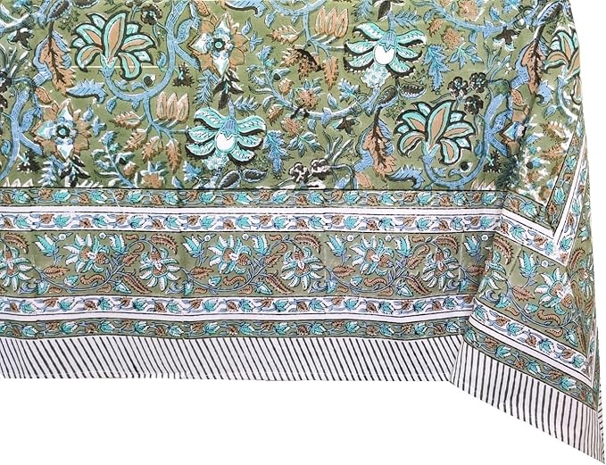 ATOSII Eden Green100% Cotton Boho Square Handblock Print Floral Tablecloth I Dining Table Linen I Parties, Wedding, Outdoors, Thanksgiving I Spring Summer 60 X 60 Inches