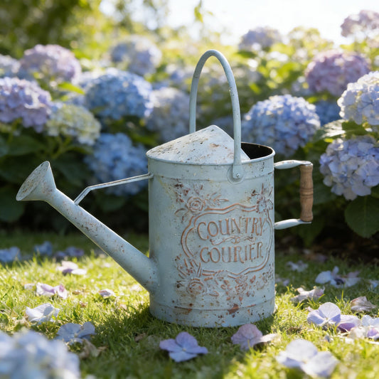 Vintage Metal Watering Can with Country Corner Floral Emboss & Wooden Handle Garden Distressed Blue Decorative Watering Pot Farmhouse Waterer for Home Garden Balcony Courtyard 2 Gallon
