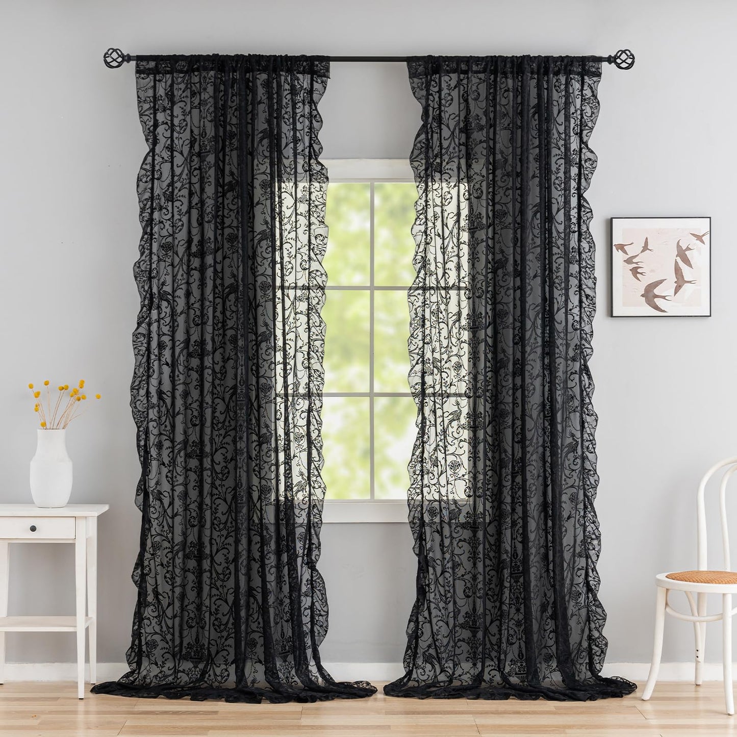 TUDECO Black Sheer Curtains 84 Inches Long - Shabby Chic Knitted Floral Lace Curtains Privacy Goth/Witchy Dark Window Curtains for Living Room Rod Pocket French Decor 1 Pair, 59 x 84 Inch