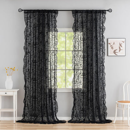 TUDECO Black Sheer Curtains 84 Inches Long - Shabby Chic Knitted Floral Lace Curtains Privacy Goth/Witchy Dark Window Curtains for Living Room Rod Pocket French Decor 1 Pair, 59 x 84 Inch