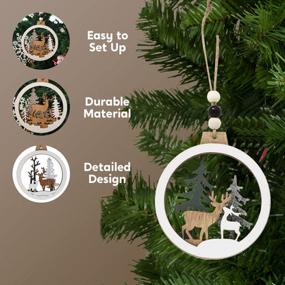 JOIEDOMI 6 Pcs Christmas Wooden Ornaments, Christmas Farmhouse Rustic Reindeer, Hanging Wood Ornaments for Winter Holiday Indoor Decor, Xmas Tree Decorations