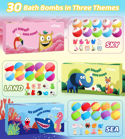 30 Bath Bombs for Kids with Toys Inside, Kids Bath Bombs Gift Set with 30 Sea & Land & Sky Animal Surprise Toy, Natural Organic Bubble Bath Toys, Christmas Gifts for Girls Boys, Stocking Stuffers