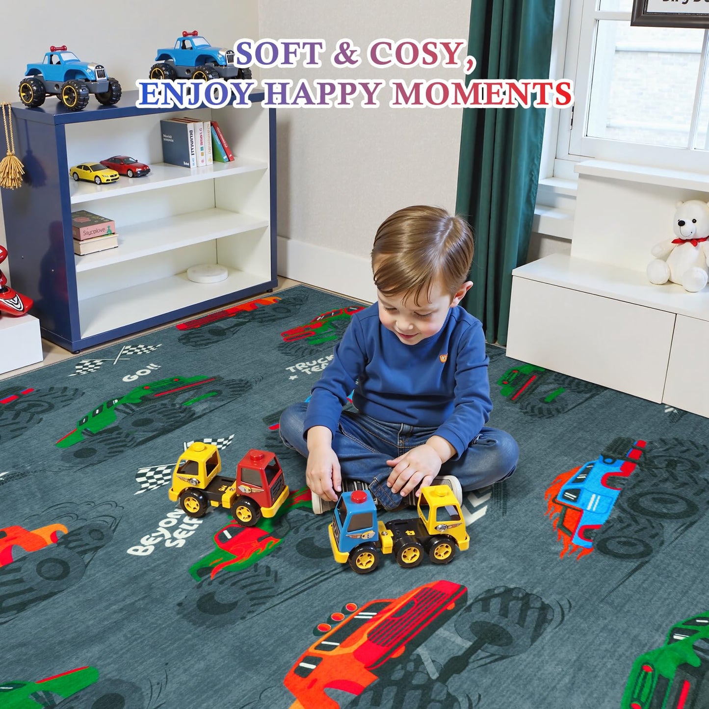 STARUIA 5x7 Washable Car Rugs for Boys Room, Large Cool Race Truck Kids Rug for Bedroom, Soft Boys Play Rug Construction Carpet for Kids Room Playroom Living Room（Grey
