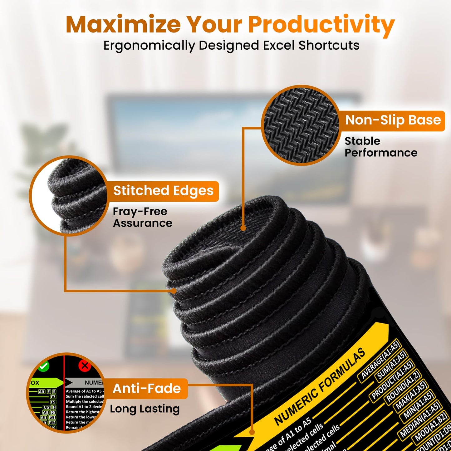 Excel Shortcuts Mouse Pad - Extended XL Office Keyboard Mat (31.5" x 11.8") Inch, Excel Mouse Pad Shortcuts, Stitched Edges | Non-Slip Base Excel Cheat Sheet Desk Pad