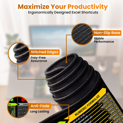 Excel Shortcuts Mouse Pad - Extended XL Office Keyboard Mat (31.5" x 11.8") Inch, Excel Mouse Pad Shortcuts, Stitched Edges | Non-Slip Base Excel Cheat Sheet Desk Pad