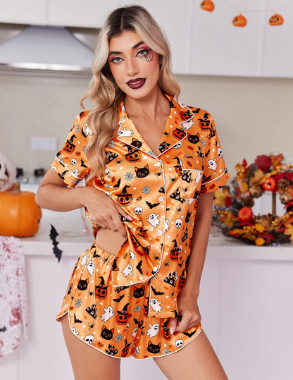 Ekouaer Womens Silky Satin Pajamas Short Sleeve Sleepwear Soft Button Down Loungewear 2 Piece PJS Shorts Set Orange Halloween Print Small