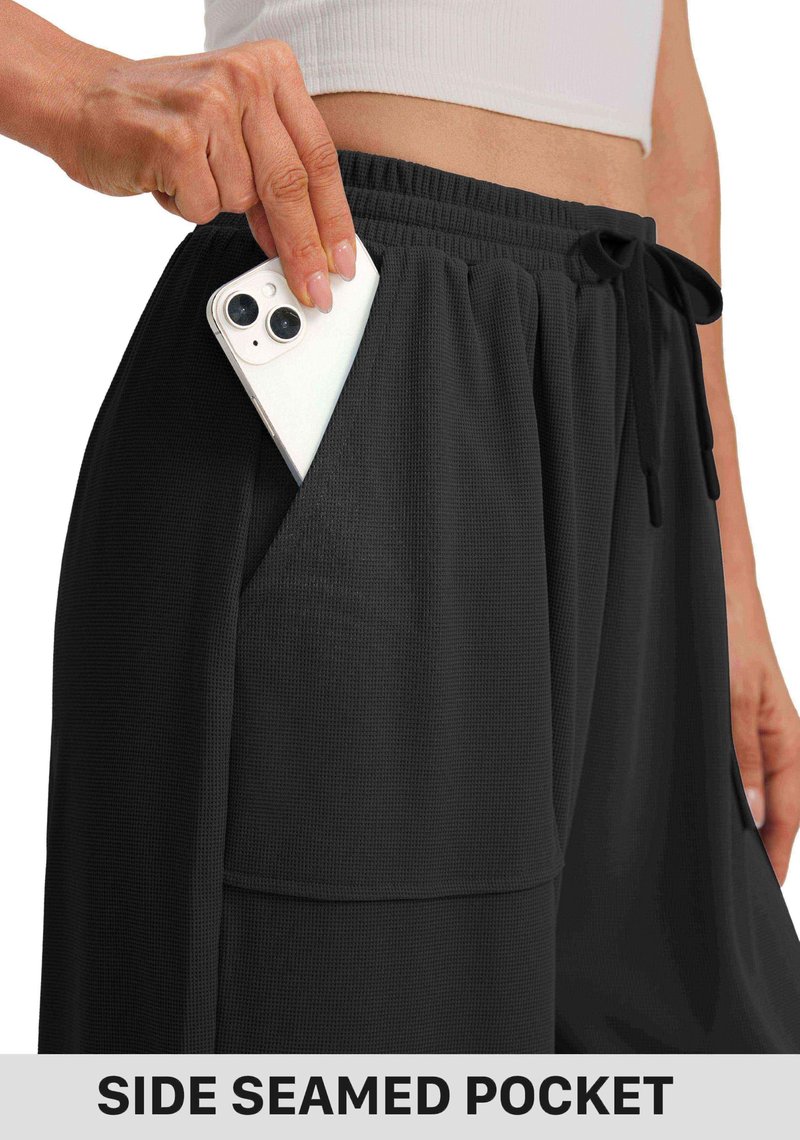 SANTINY Wide Leg Pants Woman Baggy Lightweight Waffle Knit Casual Drawstring Elastic Waisted Palazzo Harem Pants with Pockets (Black_XL)