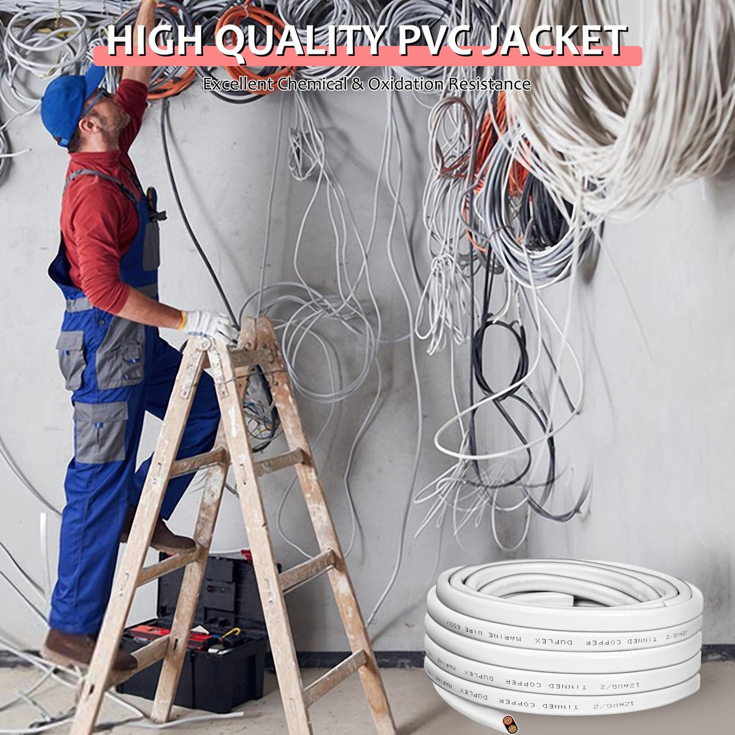 ATXXSCD 12 Gauge 30ft Marine Wire,2 Core Insulated Duplex Marine Grade Wire Tinned Copper Standard Electrical Wire Outdoor for Boat/Maine/Automotive/RV/Camper/Trailer, White