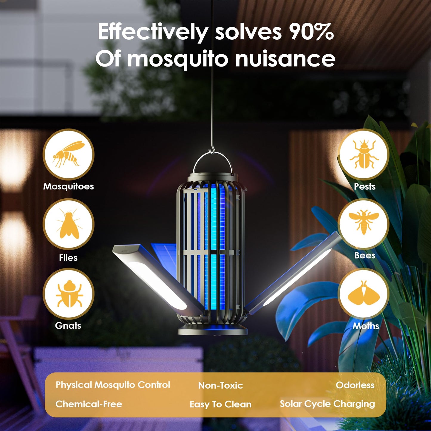 Bug Zapper, Solar Bug Zapper with 3 Solar Charging Panels, IP65 Waterproof Mosquito Zapper, 4200V Mosquito Zapper with LED Light, Outdoor Indoor AUTO ON/Off