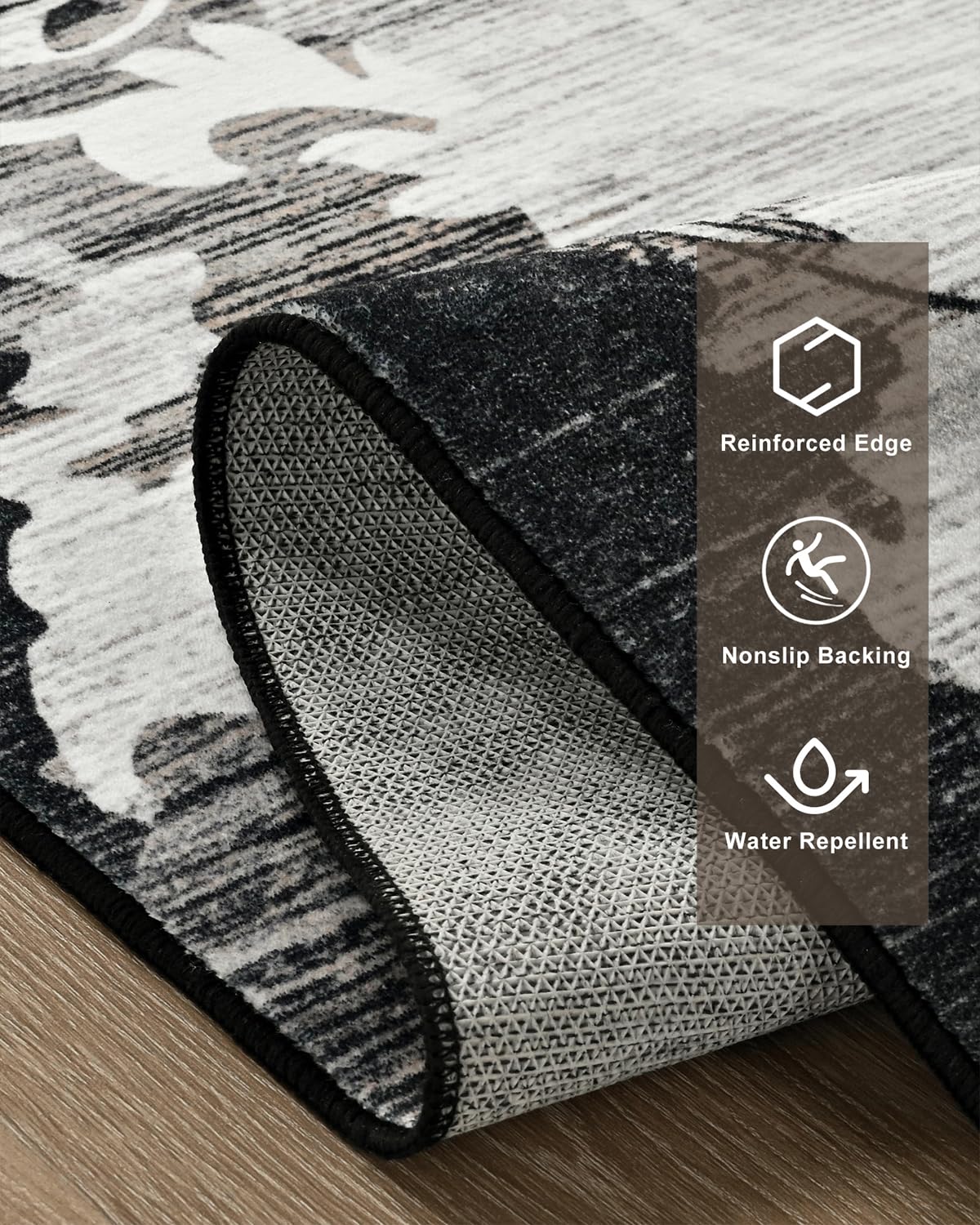 Washable Abstract Rug, 5x7 Black Floral Area Rugs with Non-Slip Rubber Backed for Bedroom, Low Pile Modern Throw Carpet Kitchen Living Room Decor
