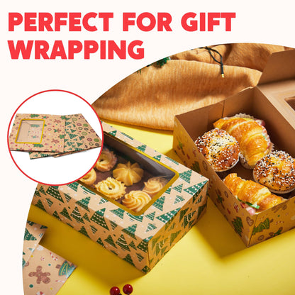 JOYIN 12 PCS Foiled Christmas Cookie Boxes for Gift Giving, 8.75" x 5.75" x 2.75” Bakery Boxes with Window, 3 Design Brown Kraft Cardboard Treat Box for Xmas Holiday Pastries Cupcakes Doughnut Wrap