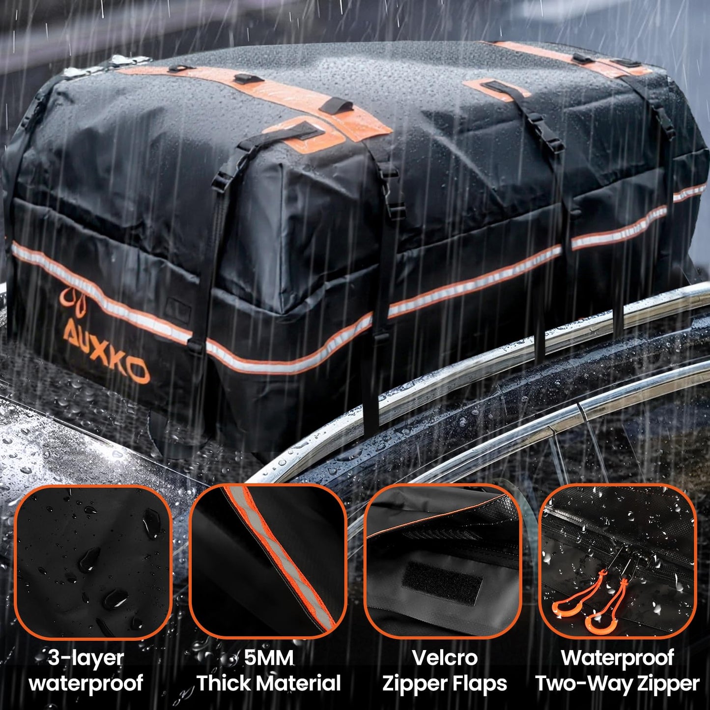 AUXKO 22 Cubic Ft Waterproof Rooftop Cargo Carrier Bag for All Vehicles with/Without Roof Rack, Soft Shell Car Roof Bag with Reflective Strip Includes Anti-Slip Mat, 6 Door Hooks & Combination Lock