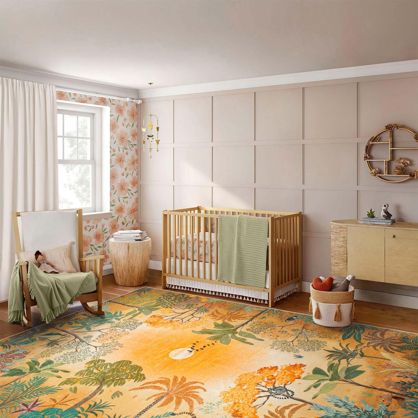 Lahome Jovence Fall Jungle 5x7 Autumn Rug for Living Room Bedroom Machine Washable Carpet, Soft Sunset Kids Rugs for Playroom, Forest Rug Non Slip Non Shedding Orange Indoor Carpet for Nursery Office