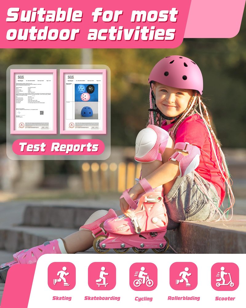 Kids Bike Helmet Set, Adjustable Helmet for Ages 3-10 Year Boys Girls, Pad Set with Knee and Elbow Pads for Bike, Roller, Skating, Scooter, Longboard and More Sports