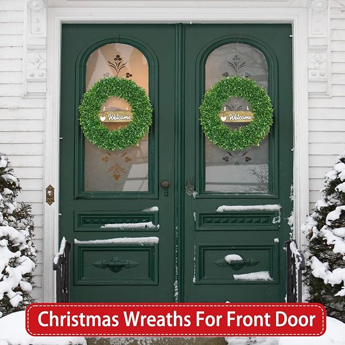 22 Inch Christmas Wreath Boxwood Wreath Realistic with Welcome Sign Faux Green Preserved Boxwood Wreaths Outdoor Spring Fall Winter Wreaths for Front Door Outside for Porch Farmhouse Wall Home Decor