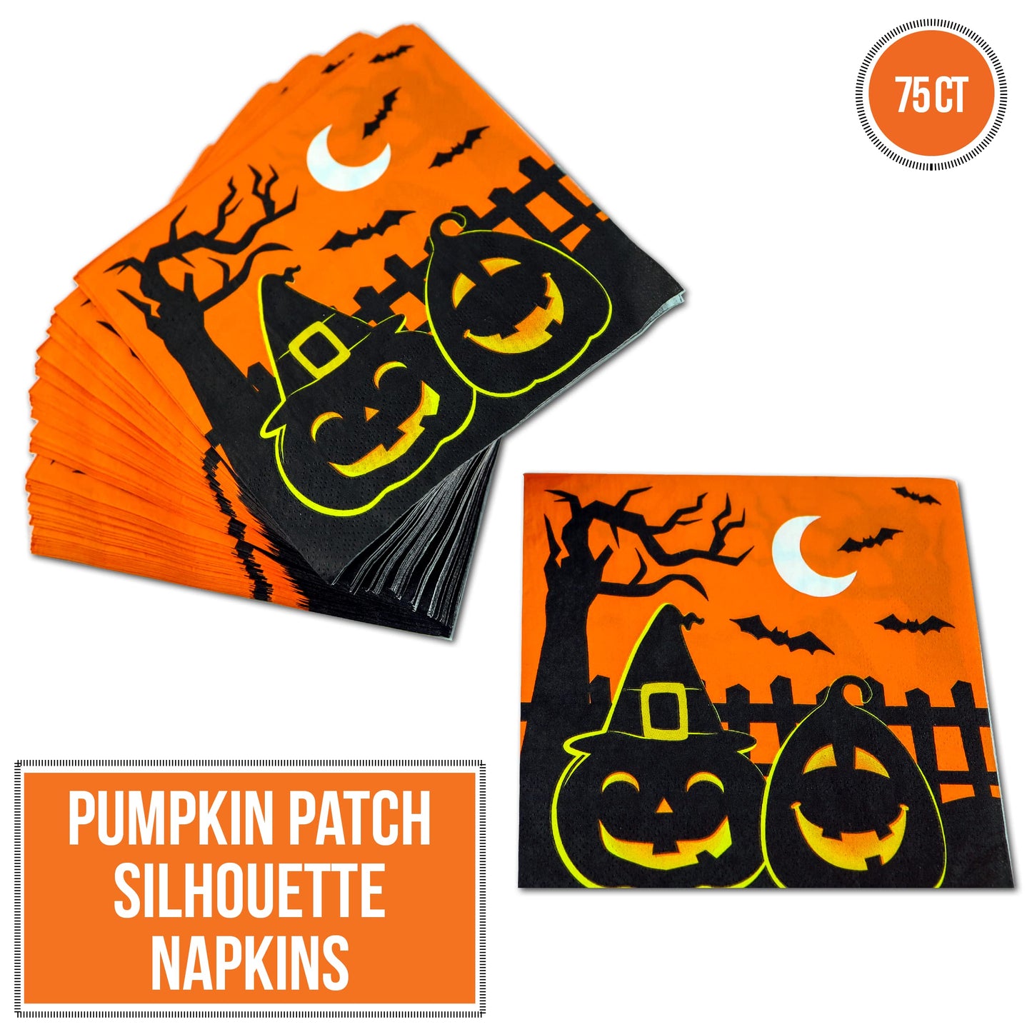 Iconikal 75-Count Disposable Paper Party Napkins, Pumpkin Patch Silhouette, Dinner Size