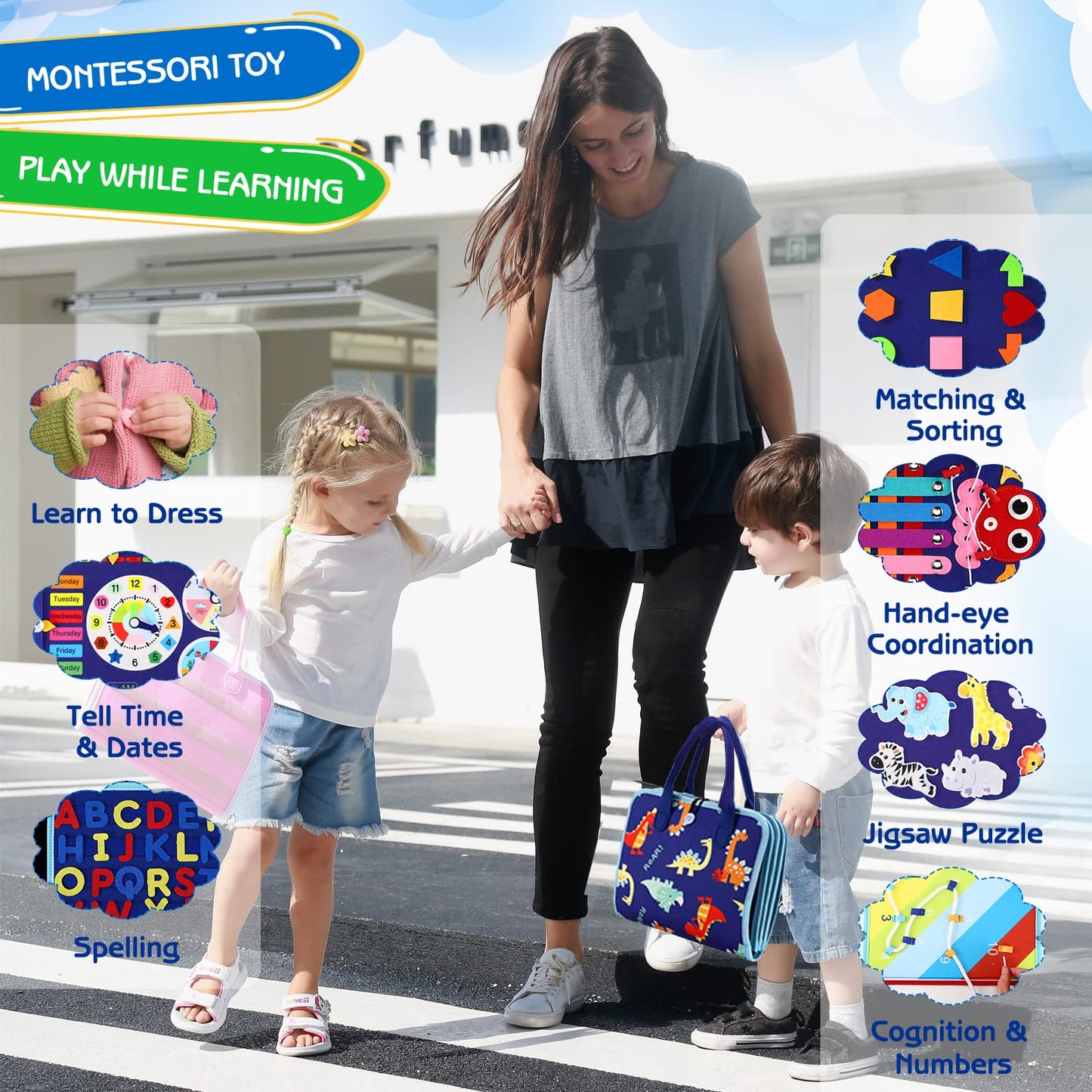 Esjay Toddler Busy Board Montessori Toys, Sensory Board Educational Activities for Learning Fine Motor Skills, Gifts for Girls Boys Toddlers, Travel Toys for Airplane Car,Blue Dinosaur