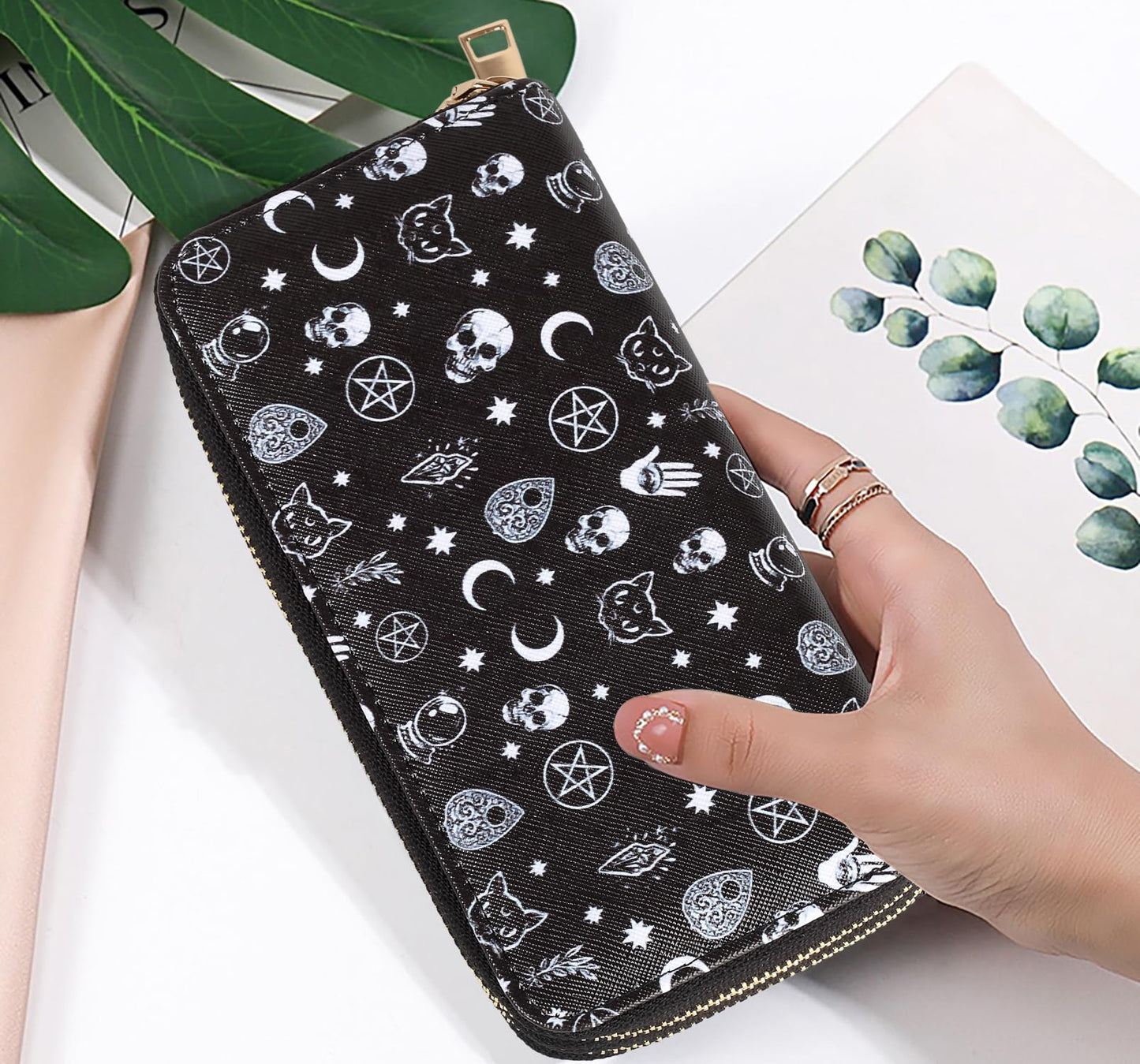 Nabegum Halloween Skull Wallets for Women Large Capacity 2 Zipper Around Gothic Wallet Ladies Goth Purse Credit Card Holder (Skull)