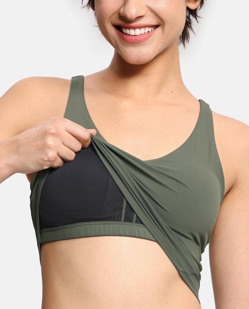 Women’s Longline Sports Bra Wirefree Padded Medium Support Yoga Bras Gym Running Workout Tank Tops Olive Green