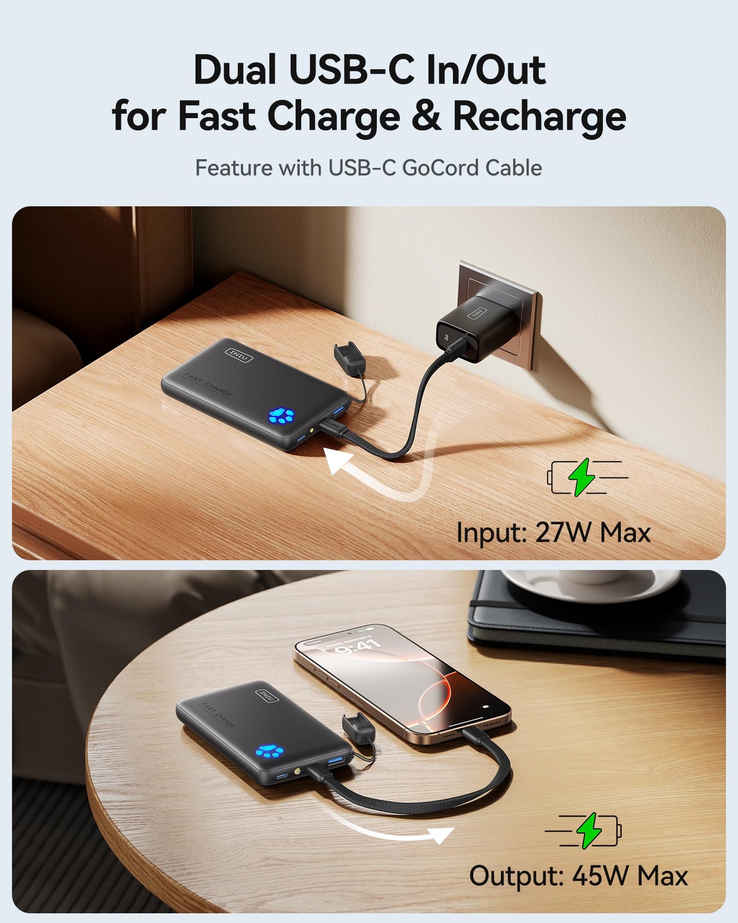 INIU Power Bank, 45W PD Lightest 10000mAh Portable Charger, USB C in&Out Fast Charging Battery Pack, Mobile Phone Powerbank Compatible with iPhone 17 16 15 14 13 Samsung S22 S21 Google iPad etc