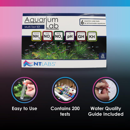 NT Labs Aquarium Lab Multi Test Kit (All-in-one Water Testing Kit - Ammonia, Nitrite, Nitrate, pH, General Hardness (GH) and Carbonate Hardness (KH)), Accurate Results, Up to 200 Tests, Easy to Use