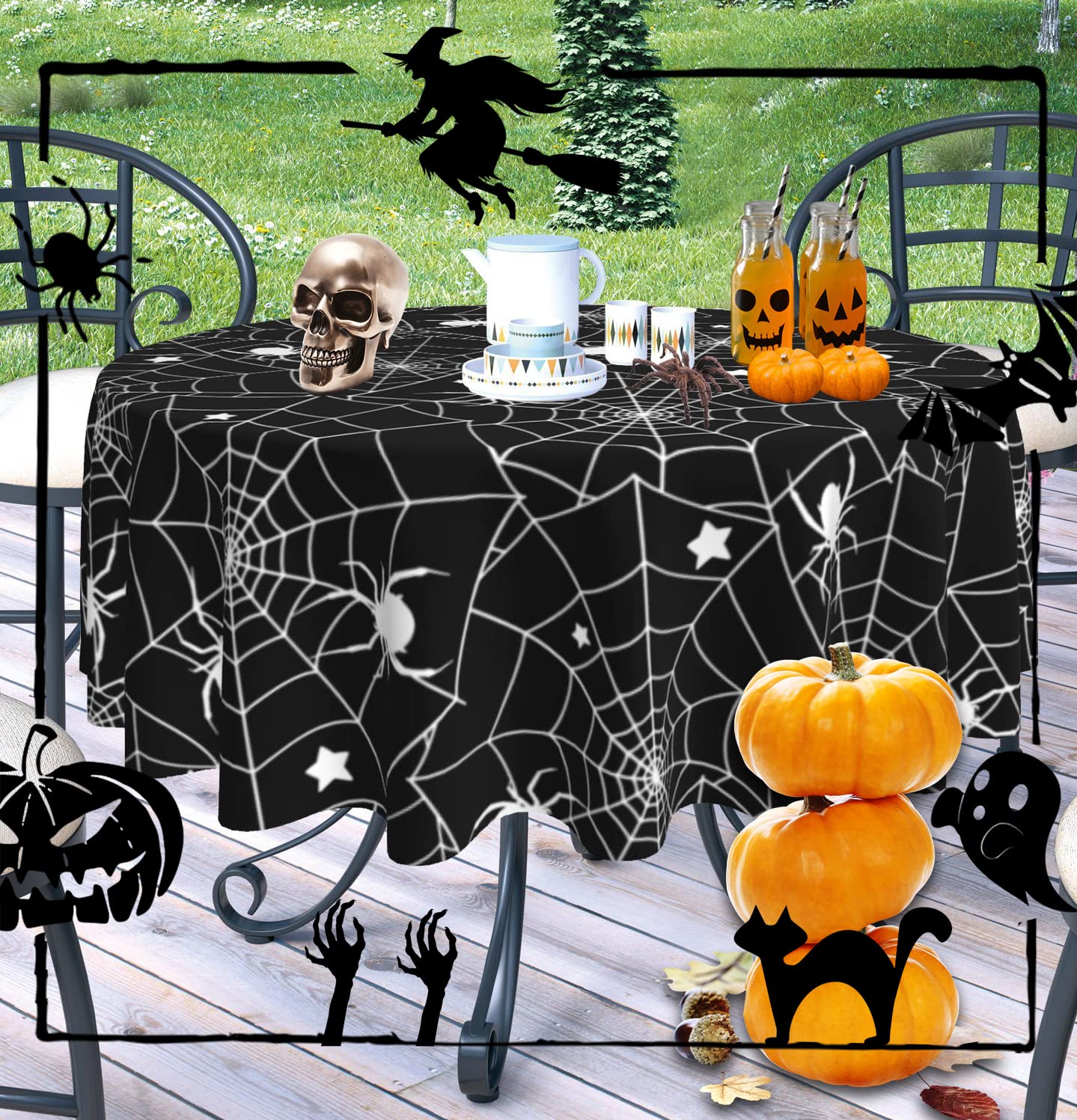 SuQKXCo Halloween Spider Web Round Tablecloth 60 Inch Stars Tablecover Anti-Wrinkle Waterproof Wipeable Table Cloth for Kitchen/Home Decoration