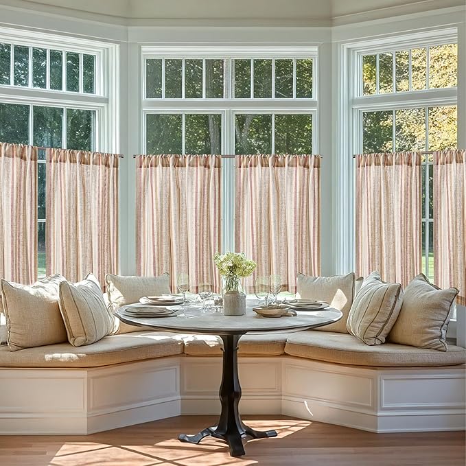 jinchan Colorful Striped Linen Kitchen Curtains 24 Inch Christmas Tier Curtains Farmhouse Modern Cafe Small Window Treatments Light Filtering Rod Pocket for Living Room Bathroom 2 Panels Multi Red