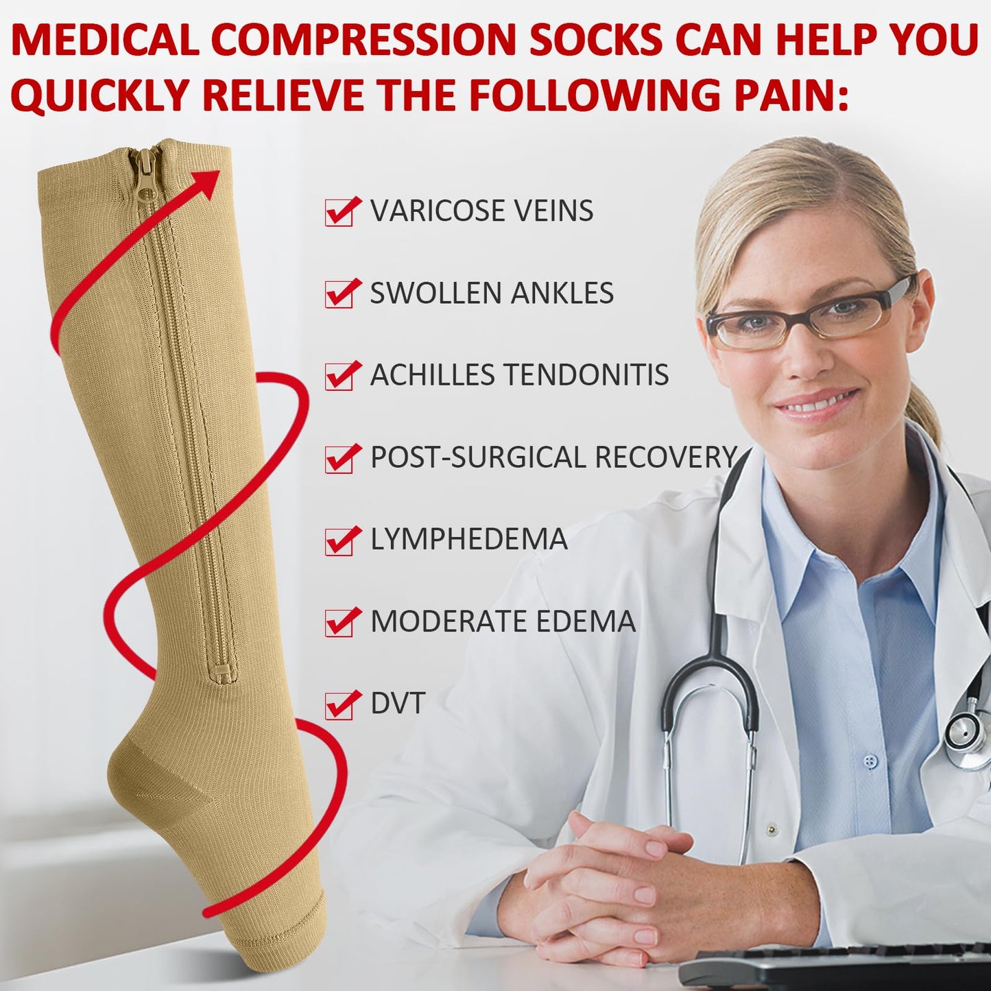 Ailaka Zipper 15-20 mmHg Compression Socks for Women Men, Knee High Open Toe Support Graduated Medical Varicose Veins Hosiery for Edema, Swollen, Pregnancy, Recovery (1 Pair)