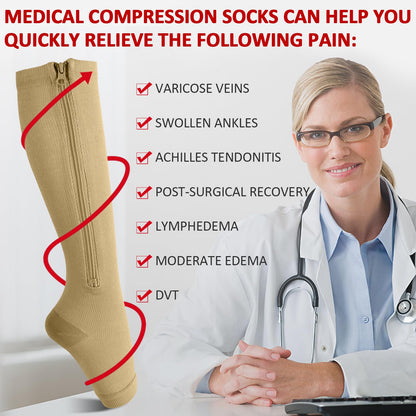 Ailaka Zipper 15-20 mmHg Compression Socks for Women Men, Knee High Open Toe Support Graduated Medical Varicose Veins Hosiery for Edema, Swollen, Pregnancy, Recovery (1 Pair)
