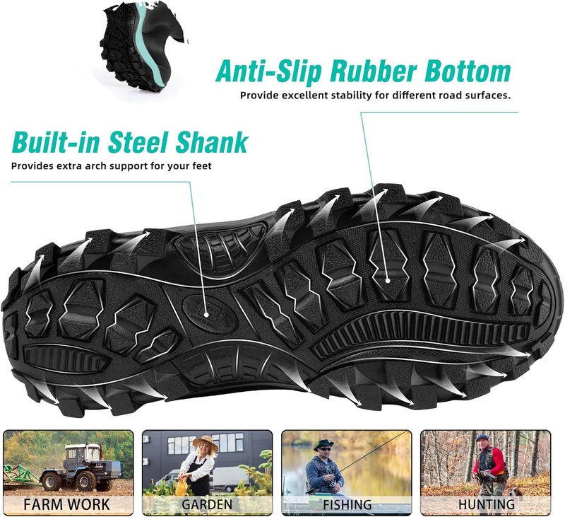 Rubber Boots for Women - Waterproof Insulated Mud Rain Boots with Steel Shank | Anti-Slip Outdoor Work Boots, Size 6-11