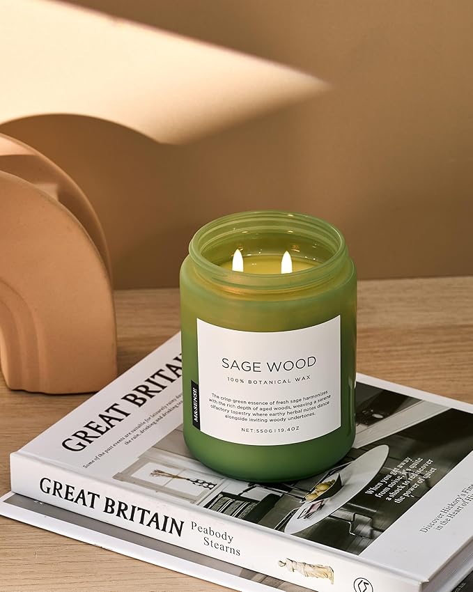 M&SENSE Sage Wood Scented Candle, 19.4oz 110 Hours Long Lasting Clean Non Toxic All Natural Soy Wax Candle for Relaxing & Stress Relief, 2 Wick Home Fragrance Gifts for Home Decor