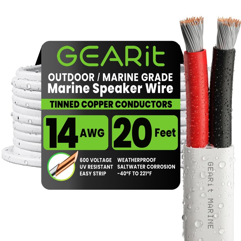 GEARit 14 Gauge Marine Electrical Primary Wire, Marine Speaker Wire 14 AWG 20 ft Marine Grade Tinned Copper Oxygen Free for Boat, Automotive, RV, Camper, Trailer(2 Conductors)