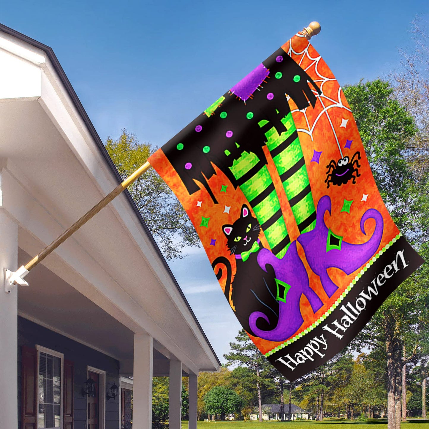Morigins Trick Or Treat Witch Feet 28 x 40 Black Kitty Spider Decorative Happy Halloween Double Sided House Flag