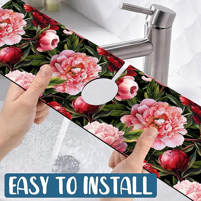 Blooming Peony Sink Splash Guard Pink Peony Flowers Faucet Absorbing Mat Fast