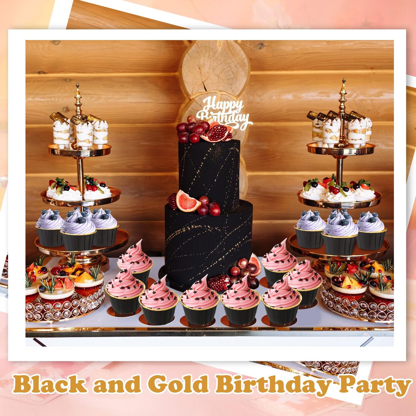 Gandeer 300 Pack Black Gold Cupcake Liners Bulk Disposable Foil Muffin Cups 3.5 oz Wrappers for Baking Aluminum Paper Mini Metallic Disposable Holiday Party Wedding Festival Supply