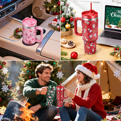 TaroKitc Christmas Gifts for Women Men, 40 oz Christmas Tumbler with Handle and Straw Lid, Xmas Insulated Stainless Steel Travel Coffee Mug, Cup Holder Friendly, Pink Santa and Gingerbread Man