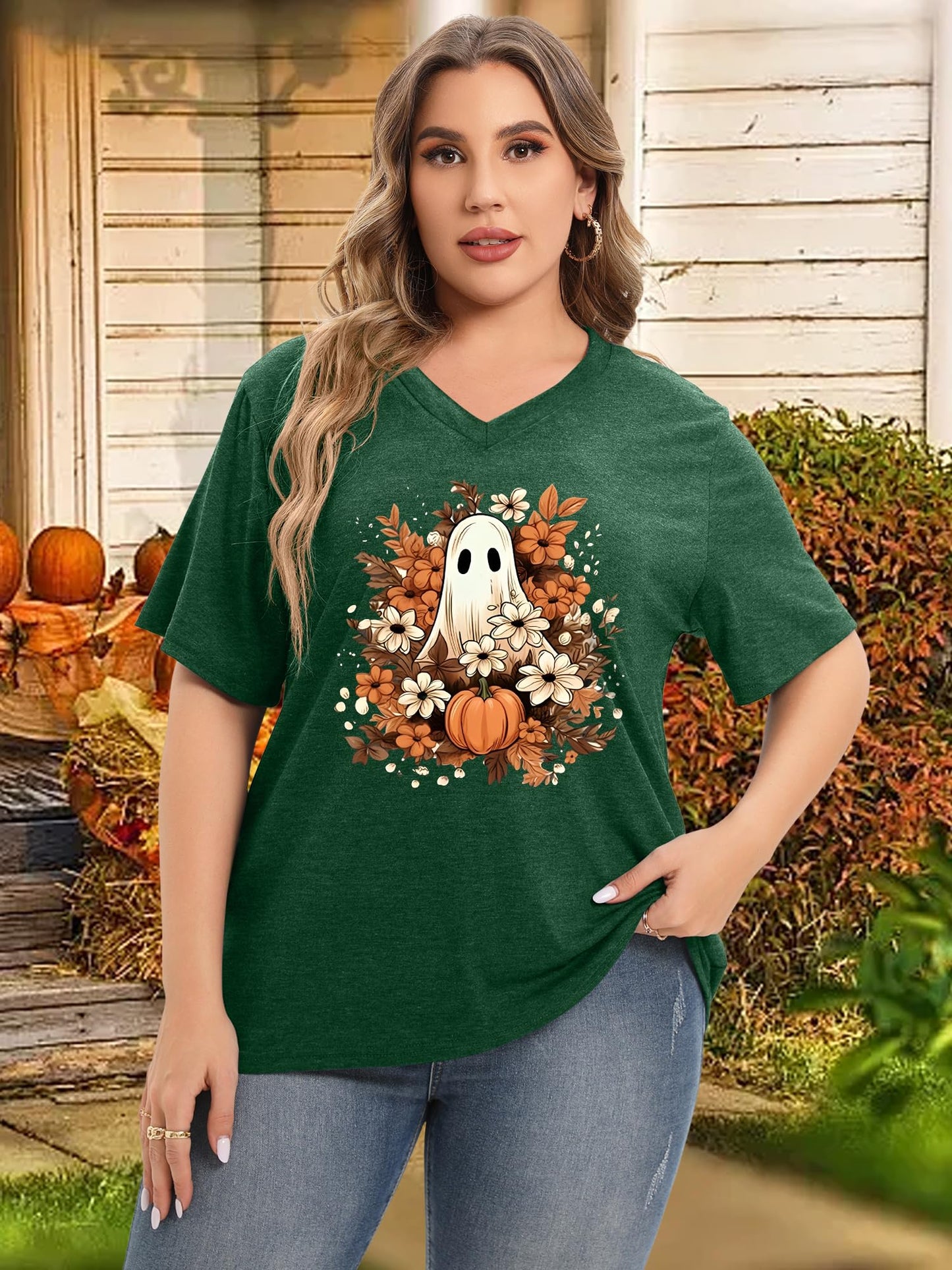 Plus Size T Shirt Women Cute Graphic Tees Short Sleeve Ghost Loose Fit Casual Tops