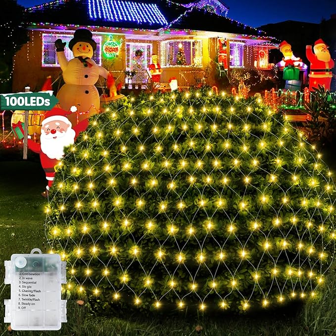 Hezbjiti Battery Operated Christmas Lights Outdoor 100 LED 5FT x 3.3FT Waterproof Timed Memory Net Mesh Lights for Xmas Trees Bushes Garden Yard Lawn Patio Christmas Decor (1 Pack Warm White)