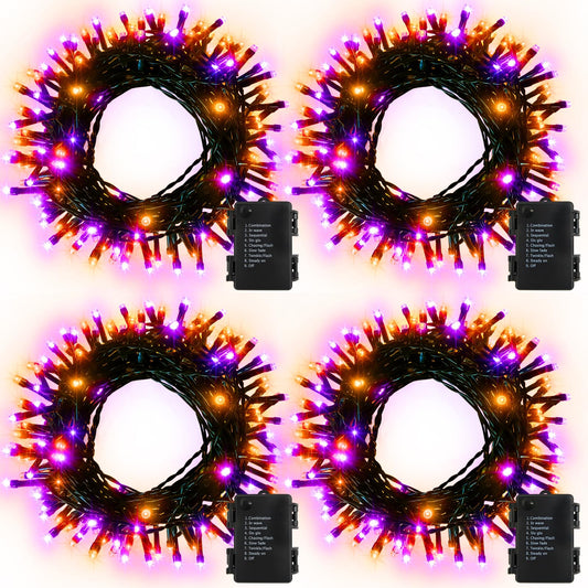 4 Pack Orange Purple Halloween String Lights Battery Operated, Each 16.4Ft 50 LED Indoor Halloween Lights with Timer 8 Modes for Party Yard Patio Decoration