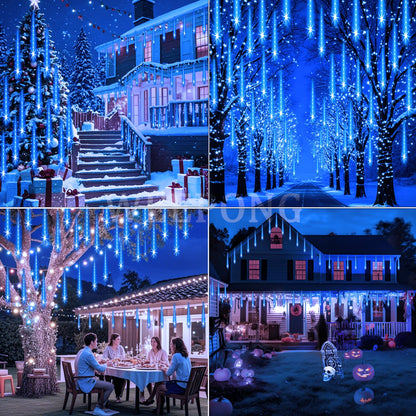 Weepong Meteor Shower Lights Outdoor Christmas Lights UL Certified Falling Rain Drop Snowfall Icicle Cascading String Light for Xmas Holiday Tree Wedding Party Garden Decor Blue, 12 Inch 8 Tubes