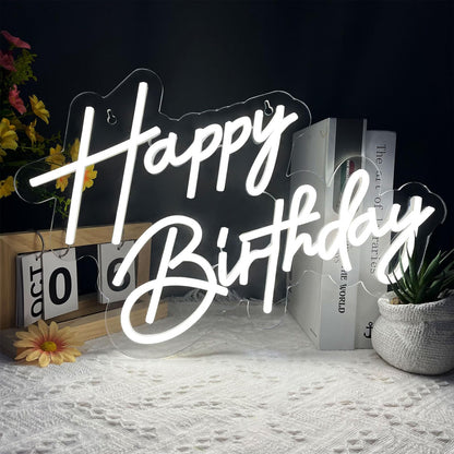 Happy Birthday Neon Sign for Wall Decor, Warm White LED Neon Light Signs, Art Decoration Happy Birthday Neon Light Sign for All Birthday Party Decoration with 2 Pcs Pasters (17×12 Inch)