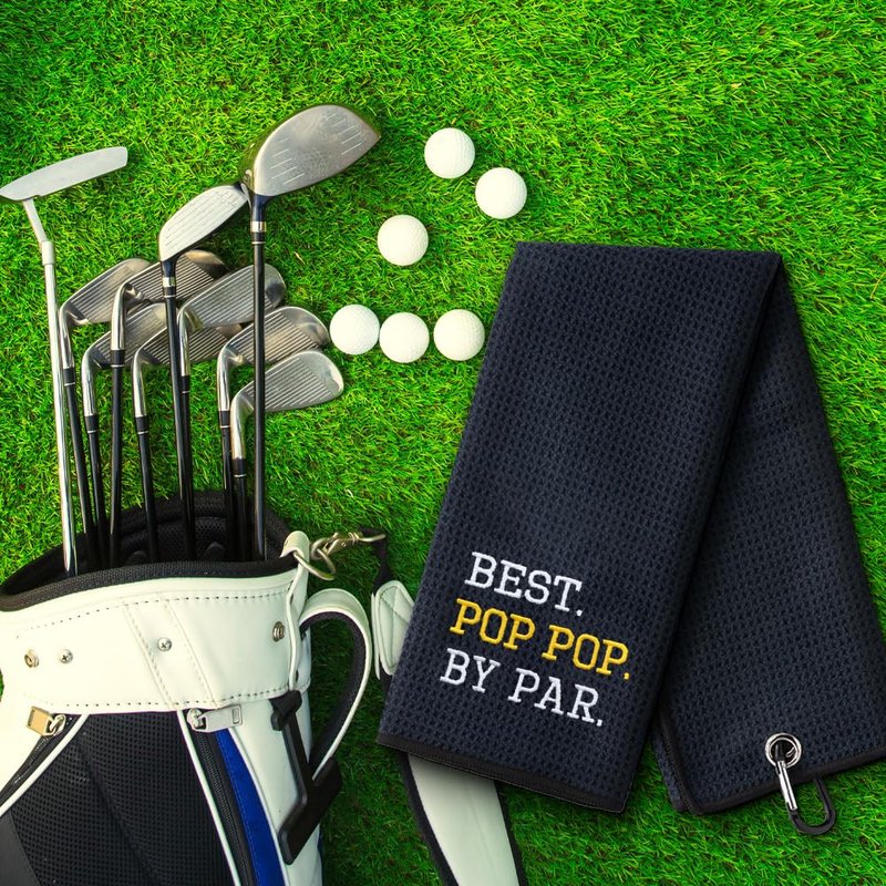 WUUCKOO Best Pop Pop by Bar Embroidered Golf Towel, Funny Golf Towel for Golf Bag with Clip, Retirement Gifts for Grandpa Dad, Fathers Day Birthday Gifts for Grandpa Dad Golf Lover Golf Fan