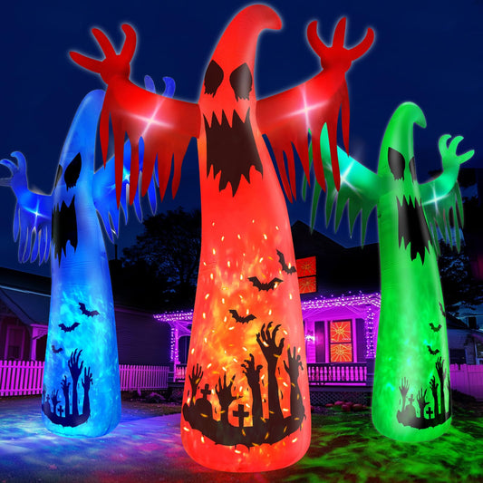 12 Ft Halloween Outdoor Decoration 3 Color Changing Inflatable Ghost with Rotating Flame Red Blue Green LED Lights Giant Blow Up Halloween Decor for Holiday Yard Lawn Garden