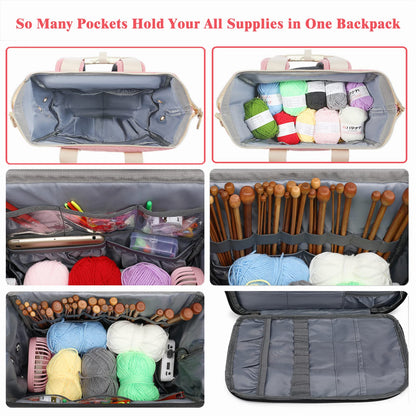 Knitting Bag Backpack,Yarn Storage Organizer Travel Crochet Bag with USB Charging Port,Large Capacity Yarn Storage Tote Bag Yarn Holder Case for Carrying Projects, Knitting Needles, Crochet Hooks Pink