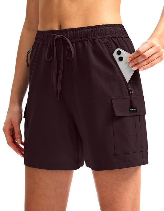SANTINY Women's 5''/ 7''/9'' Hiking Cargo Shorts Quick Dry Lightweight Summer Shorts for Women Athletic Golf Zipper Pockets(Wine_XL)