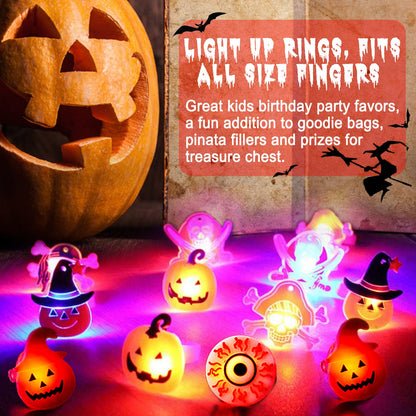 50 Pack 3D Halloween LED Glow Ring, Light Up Toys Glow in the Dark Birthday Halloween Party Favors Decorations Supplies for Kid Adults Flash Finger Rubber Ghost Pumpkin Skeleton LED Finger Lights