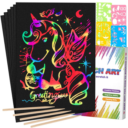 Mocoosy 60 PCS Rainbow Scratch Art Paper for Kids, Magic Scratch Paper Set Art Craft Supplies, Black Scratch Sheets Party Game Activities Christmas Birthday Gifts Girls Boys 3 4 5 6 7 8 9 10 Years Old