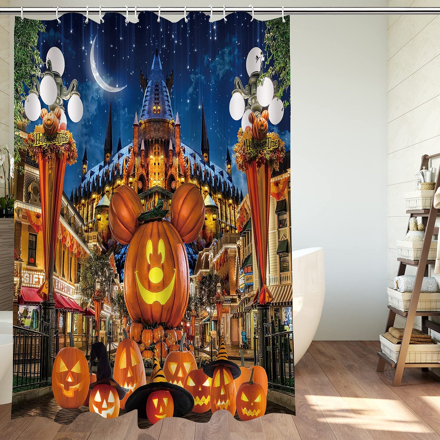 DePhoto Halloween Shower Curtain for Bathroom Kids Cartoon Pumpkin Wizard hat Moon Castle Star Street lamp Poliester Fabric Decoration Water Proof with 12Hooks 72x72inch