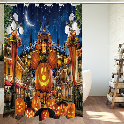 DePhoto Halloween Shower Curtain for Bathroom Kids Cartoon Pumpkin Wizard hat Moon Castle Star Street lamp Poliester Fabric Decoration Water Proof with 12Hooks 72x72inch